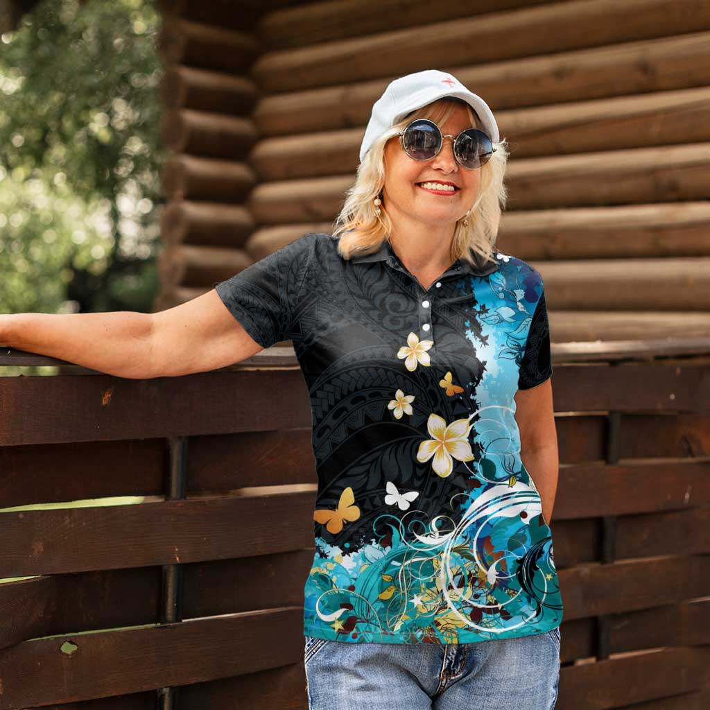 Blue Grunge Polynesian Pattern Women Polo Shirt Plumeria Floral LT01 - Polynesian Pride