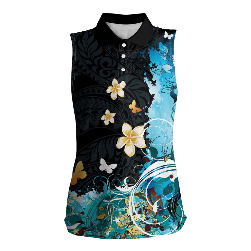 Blue Grunge Polynesian Pattern Women Sleeveless Polo Shirt Plumeria Floral
