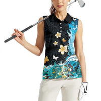 Blue Grunge Polynesian Pattern Women Sleeveless Polo Shirt Plumeria Floral