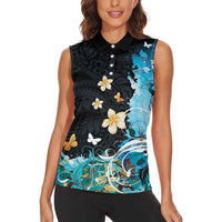 Blue Grunge Polynesian Pattern Women Sleeveless Polo Shirt Plumeria Floral