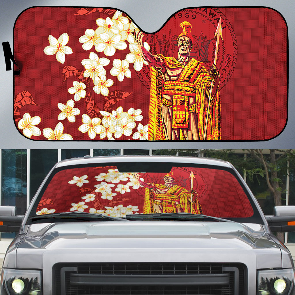 Hawaii King Kamehameha Auto Sun Shade Plumeria Lauhala Pattern