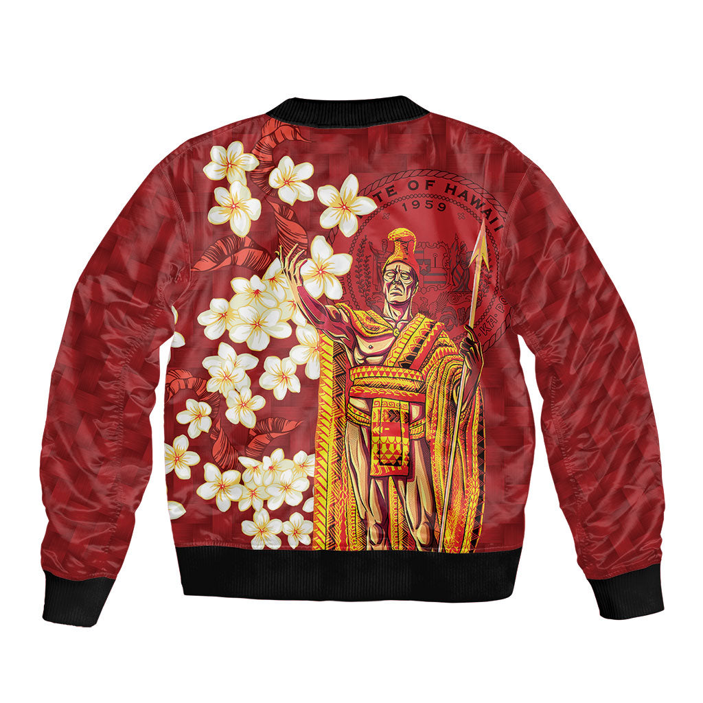 Hawaii King Kamehameha Bomber Jacket Plumeria Lauhala Pattern