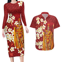 Hawaii King Kamehameha Couples Matching Long Sleeve Bodycon Dress and Hawaiian Shirt Plumeria Lauhala Pattern