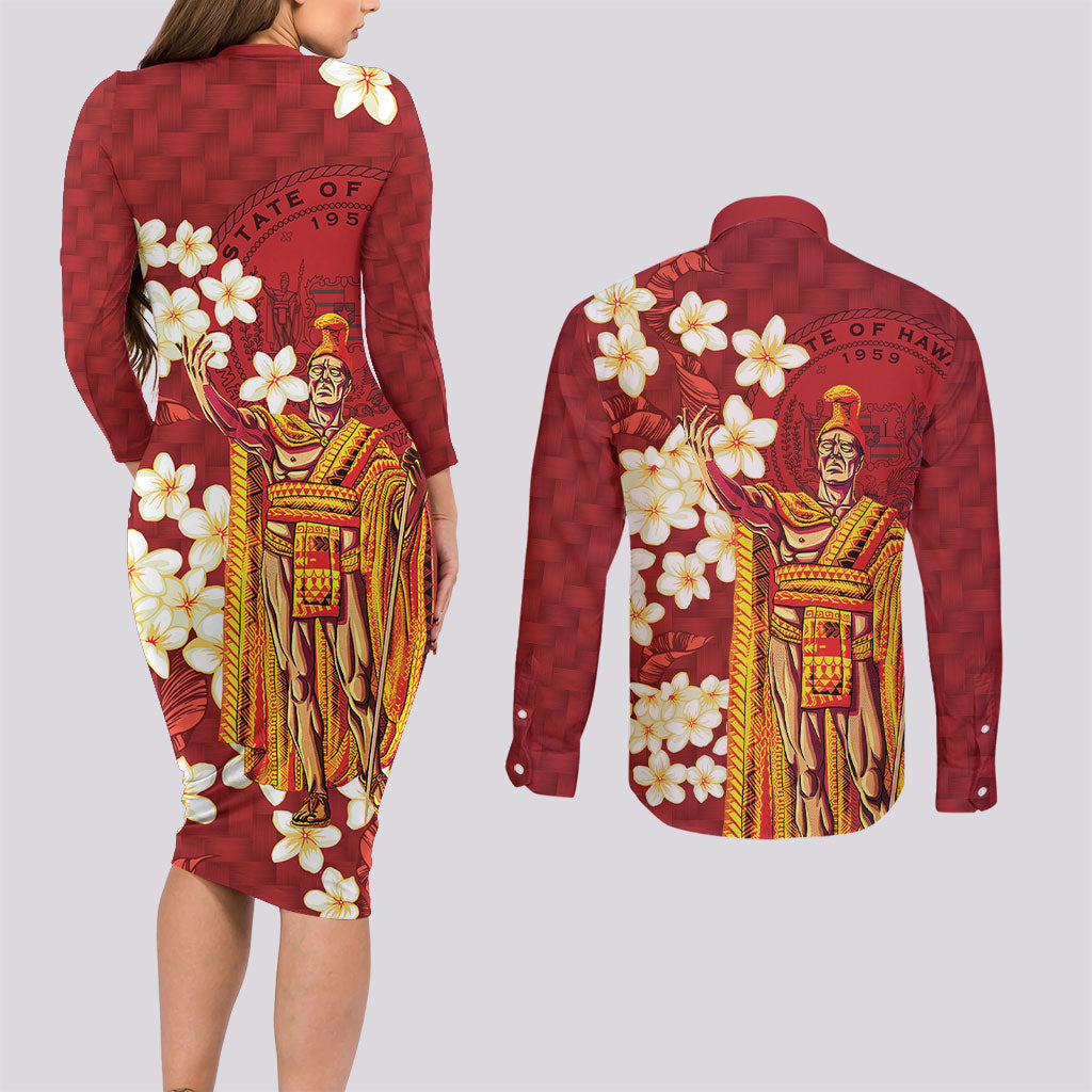 Hawaii King Kamehameha Couples Matching Long Sleeve Bodycon Dress and Long Sleeve Button Shirt Plumeria Lauhala Pattern