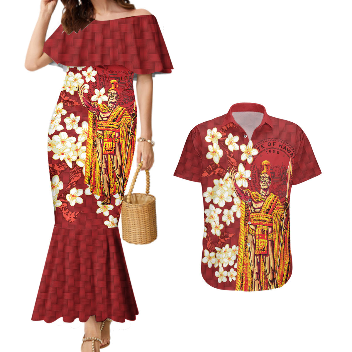 Hawaii King Kamehameha Couples Matching Mermaid Dress and Hawaiian Shirt Plumeria Lauhala Pattern