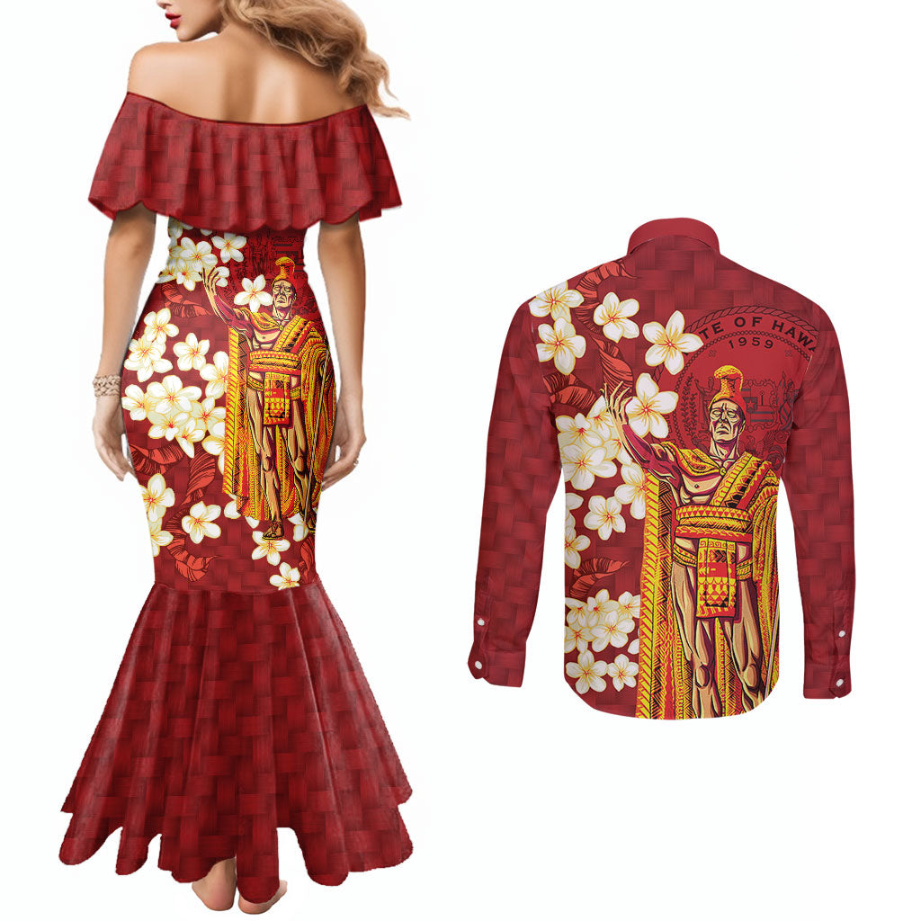 Hawaii King Kamehameha Couples Matching Mermaid Dress and Long Sleeve Button Shirt Plumeria Lauhala Pattern