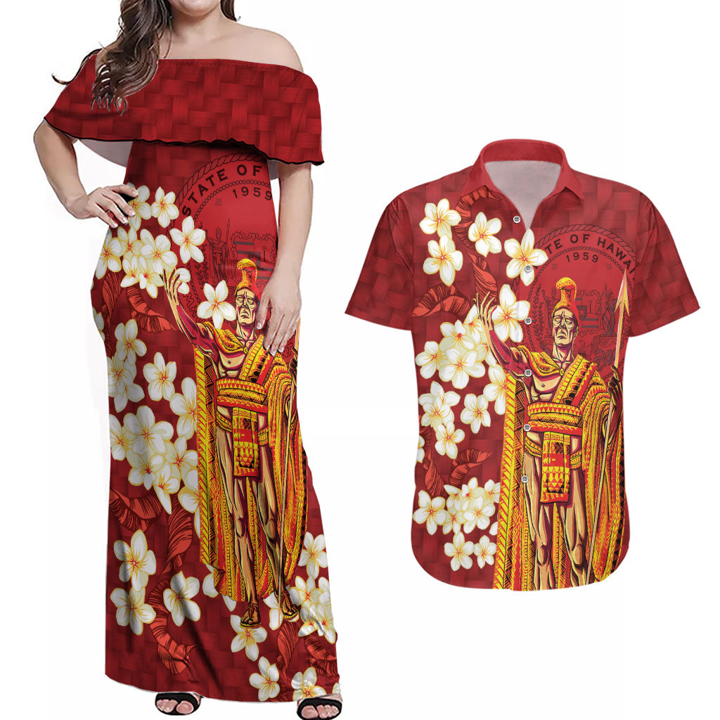 Hawaii King Kamehameha Couples Matching Off Shoulder Maxi Dress and Hawaiian Shirt Plumeria Lauhala Pattern