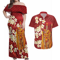 Hawaii King Kamehameha Couples Matching Off Shoulder Maxi Dress and Hawaiian Shirt Plumeria Lauhala Pattern