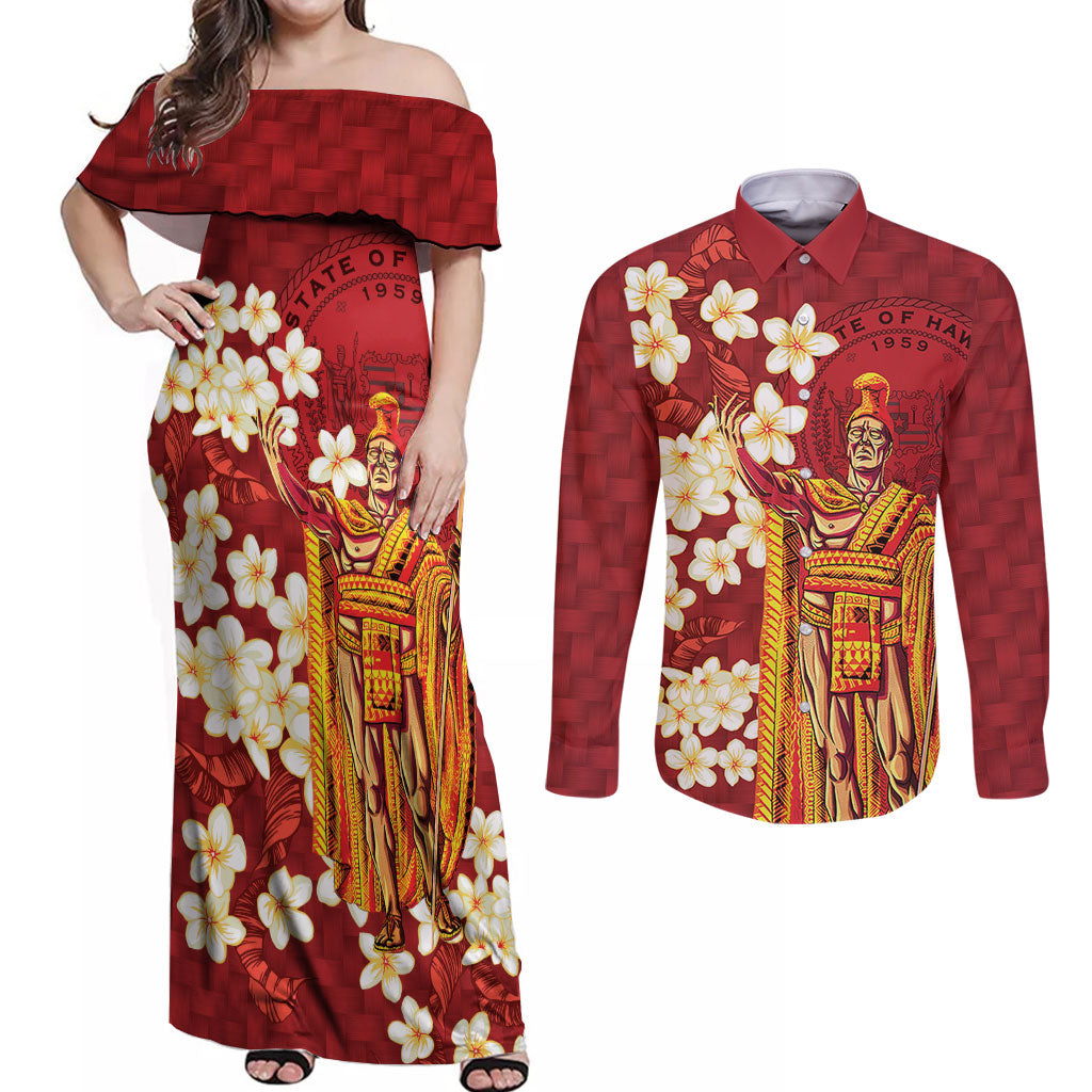 Hawaii King Kamehameha Couples Matching Off Shoulder Maxi Dress and Long Sleeve Button Shirt Plumeria Lauhala Pattern