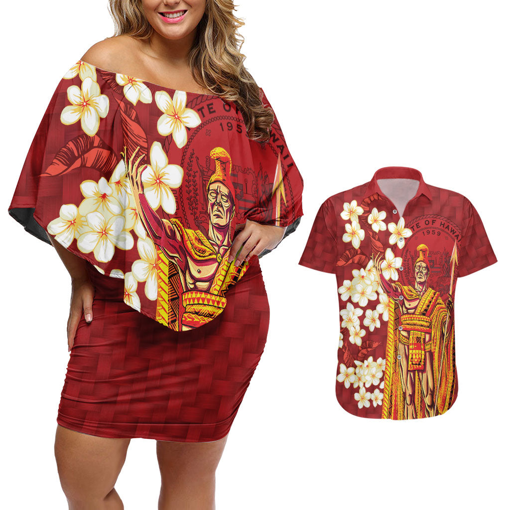 Hawaii King Kamehameha Couples Matching Off Shoulder Short Dress and Hawaiian Shirt Plumeria Lauhala Pattern