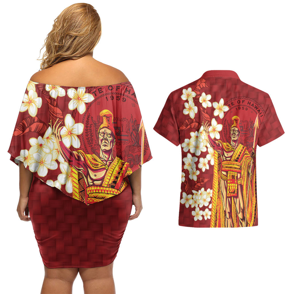 Hawaii King Kamehameha Couples Matching Off Shoulder Short Dress and Hawaiian Shirt Plumeria Lauhala Pattern