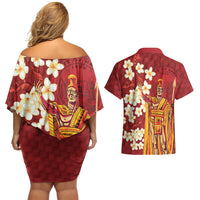 Hawaii King Kamehameha Couples Matching Off Shoulder Short Dress and Hawaiian Shirt Plumeria Lauhala Pattern