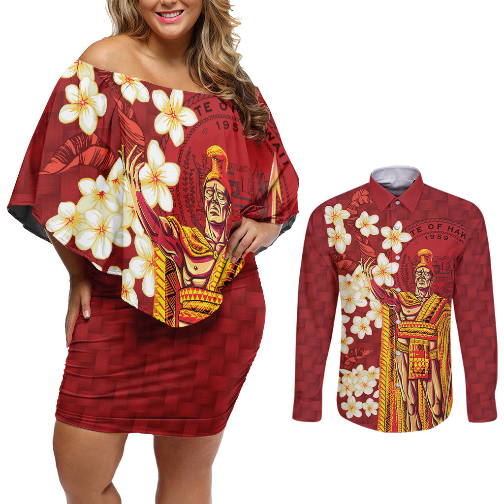 Hawaii King Kamehameha Couples Matching Off Shoulder Short Dress and Long Sleeve Button Shirt Plumeria Lauhala Pattern