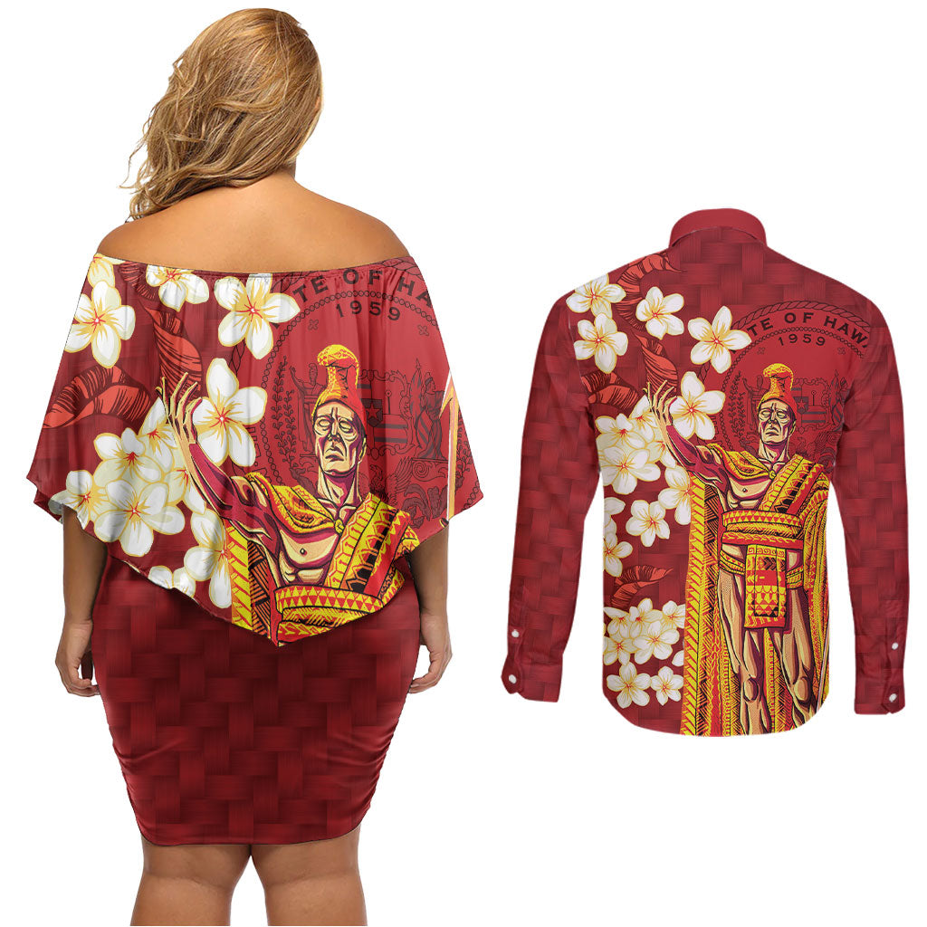 Hawaii King Kamehameha Couples Matching Off Shoulder Short Dress and Long Sleeve Button Shirt Plumeria Lauhala Pattern