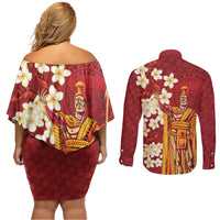 Hawaii King Kamehameha Couples Matching Off Shoulder Short Dress and Long Sleeve Button Shirt Plumeria Lauhala Pattern