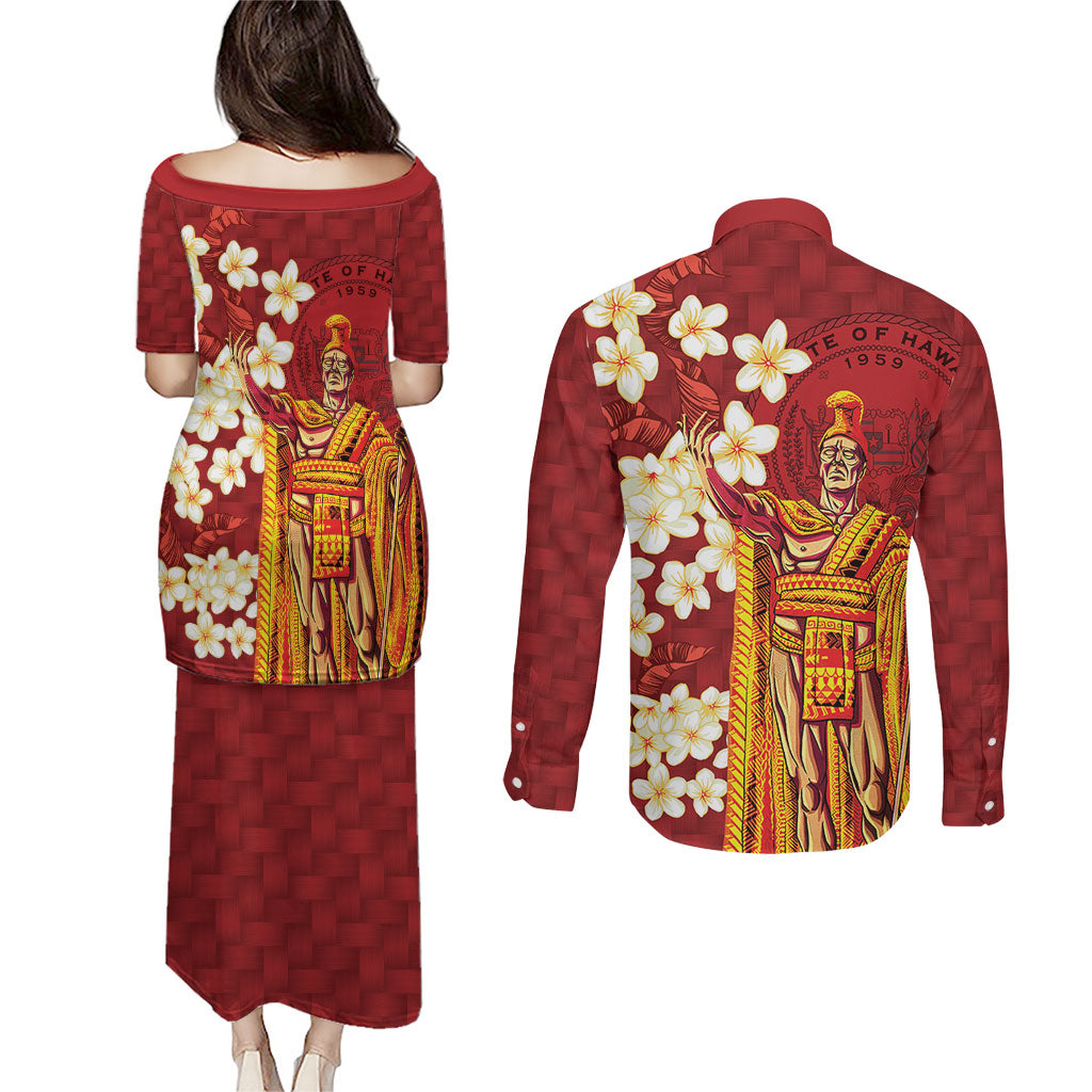 Hawaii King Kamehameha Couples Matching Puletasi and Long Sleeve Button Shirt Plumeria Lauhala Pattern