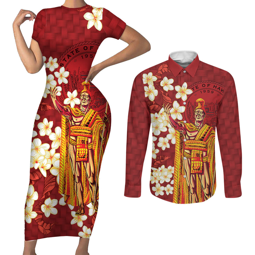 Hawaii King Kamehameha Couples Matching Short Sleeve Bodycon Dress and Long Sleeve Button Shirt Plumeria Lauhala Pattern