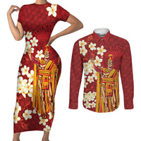 Hawaii King Kamehameha Couples Matching Short Sleeve Bodycon Dress and Long Sleeve Button Shirt Plumeria Lauhala Pattern