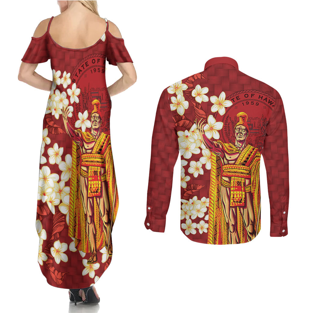Hawaii King Kamehameha Couples Matching Summer Maxi Dress and Long Sleeve Button Shirt Plumeria Lauhala Pattern