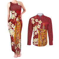 Hawaii King Kamehameha Couples Matching Tank Maxi Dress and Long Sleeve Button Shirt Plumeria Lauhala Pattern