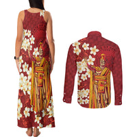 Hawaii King Kamehameha Couples Matching Tank Maxi Dress and Long Sleeve Button Shirt Plumeria Lauhala Pattern