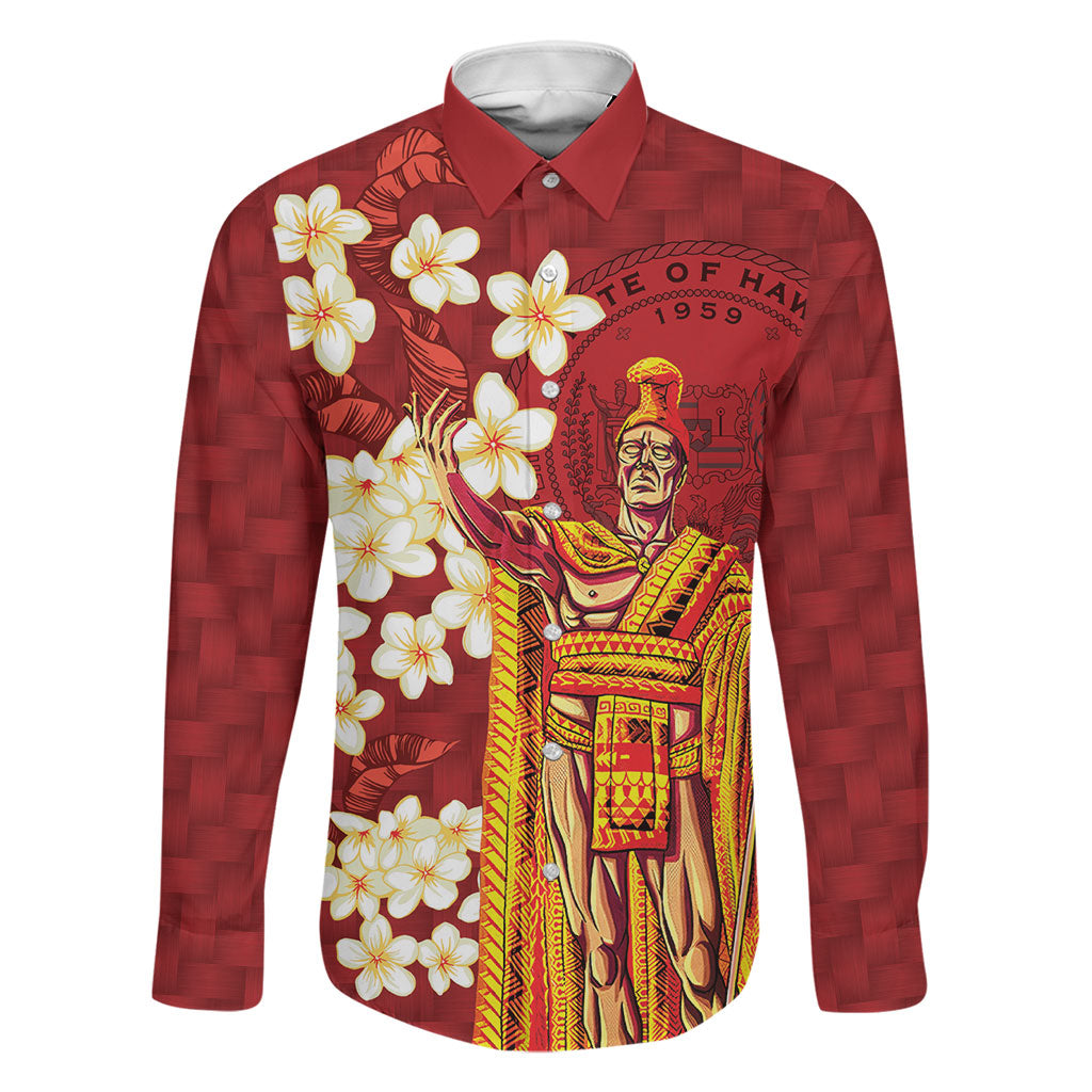 Hawaii King Kamehameha Family Matching Mermaid Dress and Hawaiian Shirt Plumeria Lauhala Pattern LT01 Dad's Shirt - Long Sleeve Red - Polynesian Pride