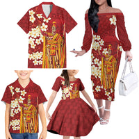 Hawaii King Kamehameha Family Matching Off The Shoulder Long Sleeve Dress and Hawaiian Shirt Plumeria Lauhala Pattern LT01 - Polynesian Pride