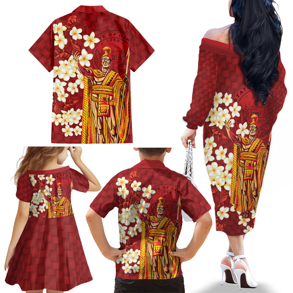 Hawaii King Kamehameha Family Matching Off The Shoulder Long Sleeve Dress and Hawaiian Shirt Plumeria Lauhala Pattern LT01 - Polynesian Pride