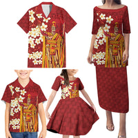 Hawaii King Kamehameha Family Matching Puletasi and Hawaiian Shirt Plumeria Lauhala Pattern