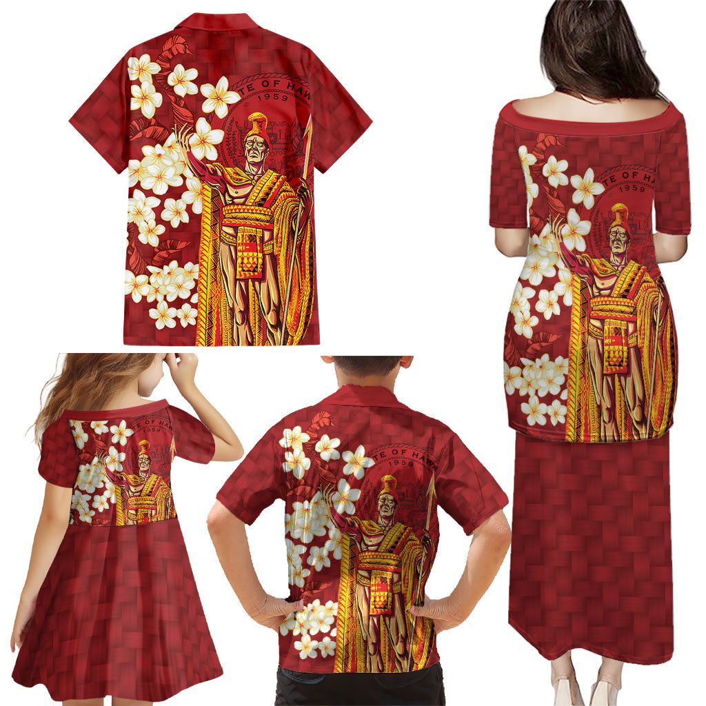Hawaii King Kamehameha Family Matching Puletasi and Hawaiian Shirt Plumeria Lauhala Pattern