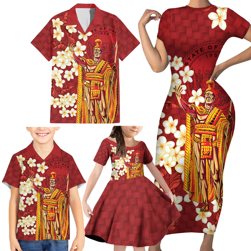 Hawaii King Kamehameha Family Matching Short Sleeve Bodycon Dress and Hawaiian Shirt Plumeria Lauhala Pattern