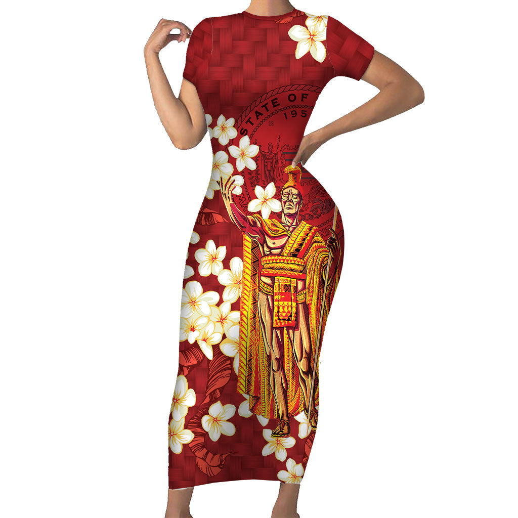 Hawaii King Kamehameha Family Matching Short Sleeve Bodycon Dress and Hawaiian Shirt Plumeria Lauhala Pattern LT01 Mom's Dress Red - Polynesian Pride