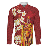 Hawaii King Kamehameha Family Matching Tank Maxi Dress and Hawaiian Shirt Plumeria Lauhala Pattern LT01 Dad's Shirt - Long Sleeve Red - Polynesian Pride