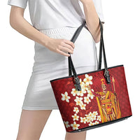 Hawaii King Kamehameha Leather Tote Bag Plumeria Lauhala Pattern