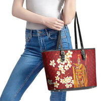 Hawaii King Kamehameha Leather Tote Bag Plumeria Lauhala Pattern
