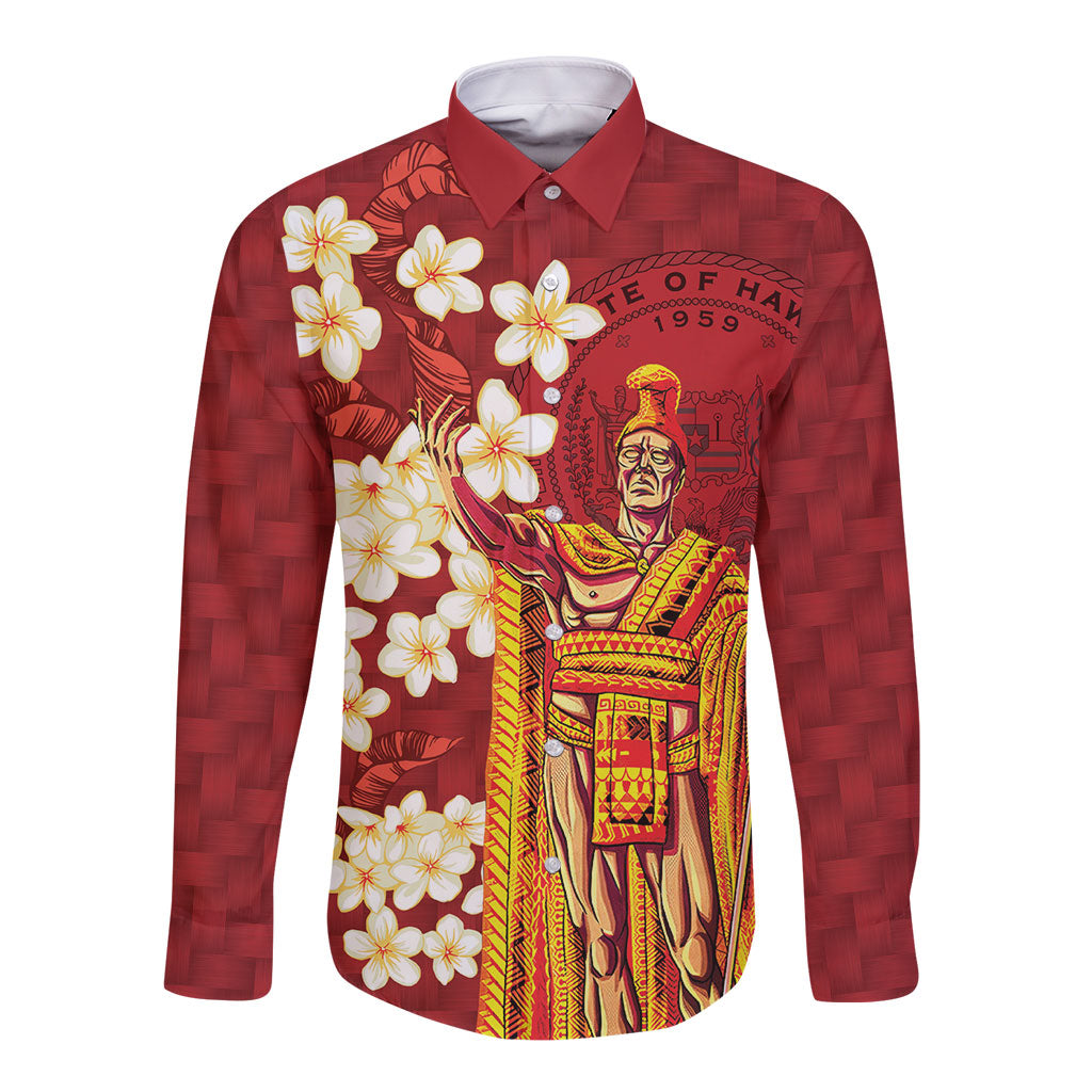 Hawaii King Kamehameha Long Sleeve Button Shirt Plumeria Lauhala Pattern