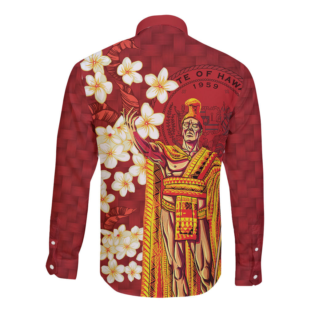 Hawaii King Kamehameha Long Sleeve Button Shirt Plumeria Lauhala Pattern