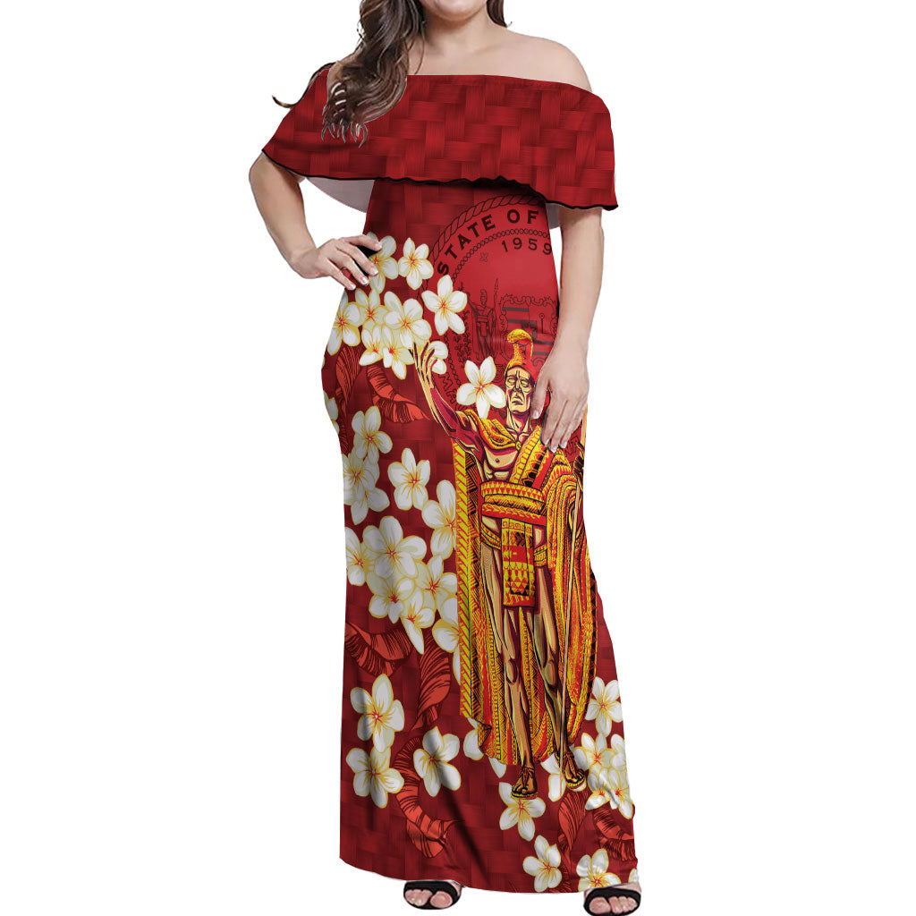 Hawaii King Kamehameha Off Shoulder Maxi Dress Plumeria Lauhala Pattern