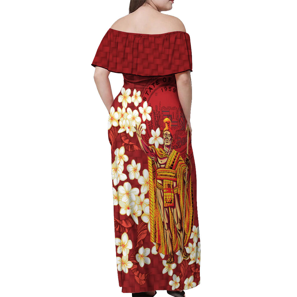 Hawaii King Kamehameha Off Shoulder Maxi Dress Plumeria Lauhala Pattern