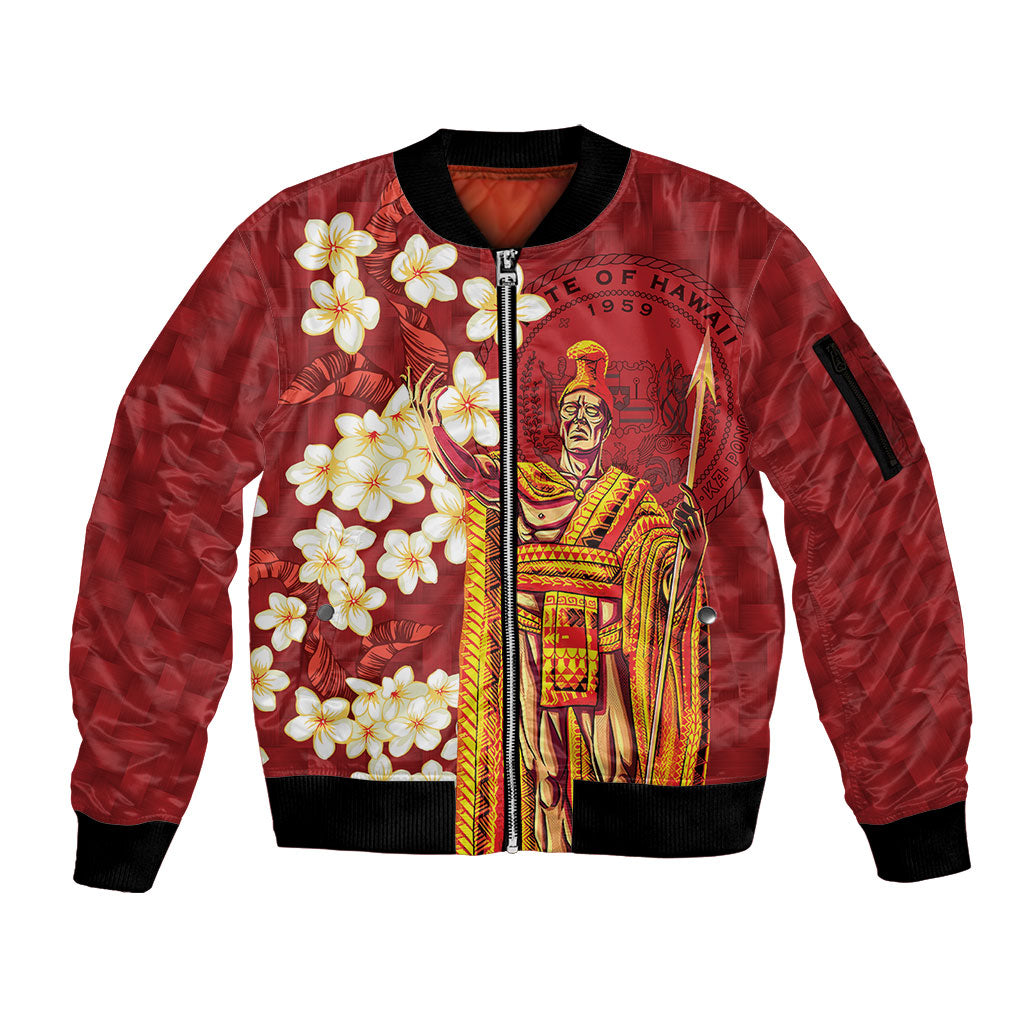 Hawaii King Kamehameha Sleeve Zip Bomber Jacket Plumeria Lauhala Pattern