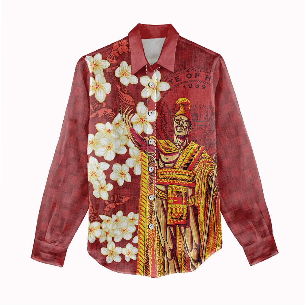 Hawaii King Kamehameha Women Casual Shirt Plumeria Lauhala Pattern