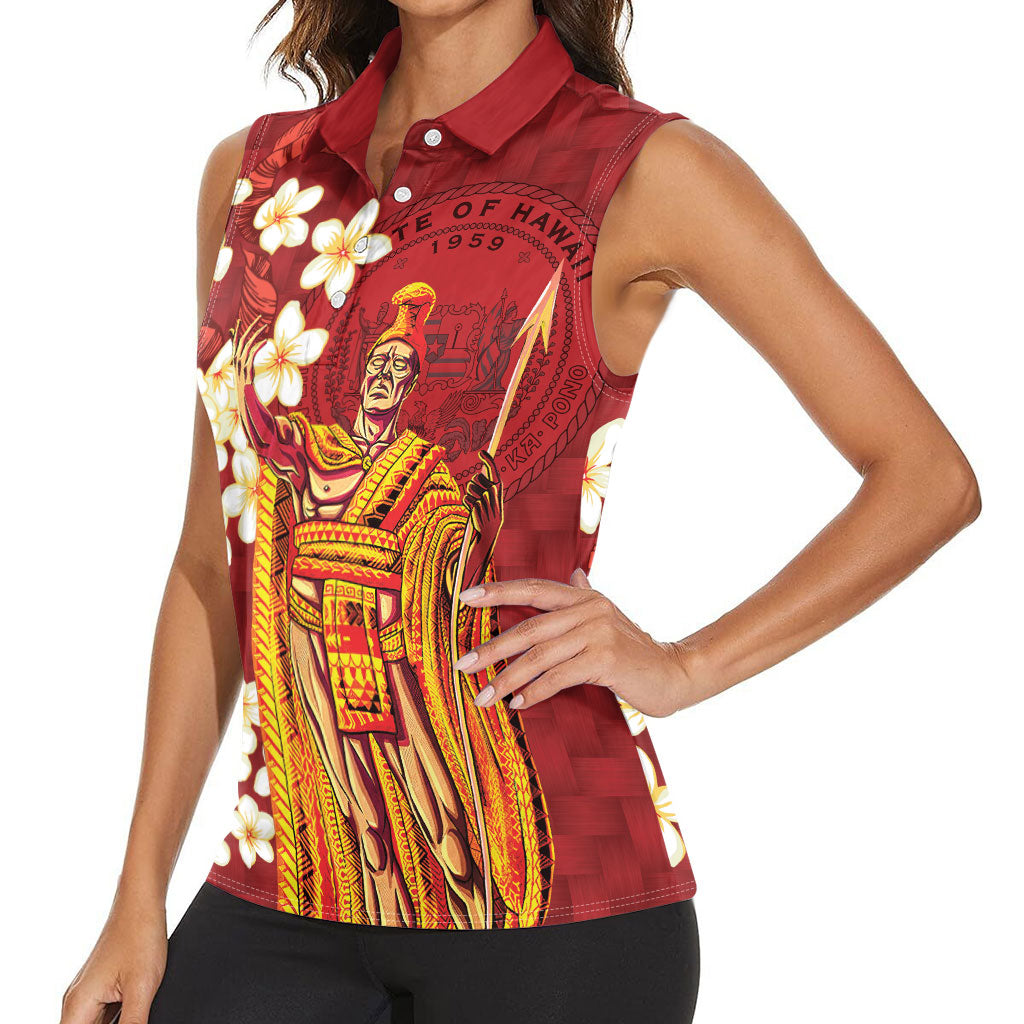 Hawaii King Kamehameha Women Sleeveless Polo Shirt Plumeria Lauhala Pattern