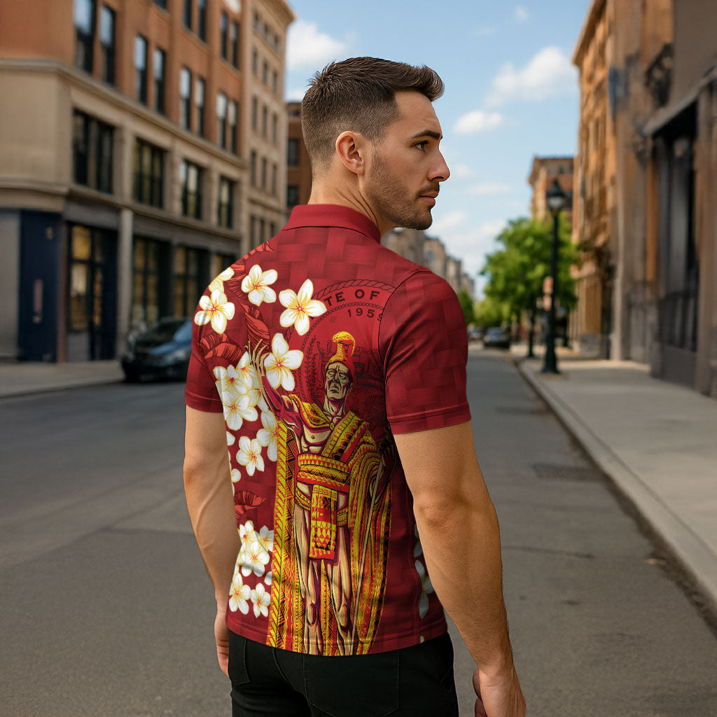 Hawaii King Kamehameha Zipper Polo Shirt Plumeria Lauhala Pattern