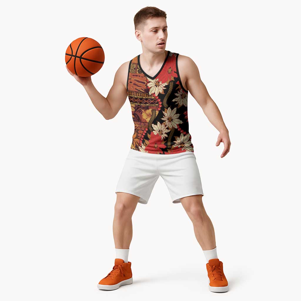 Hawaii Christmas Poinsettia Lei Basketball Jersey Tapa Pattern - Polynesian Pride