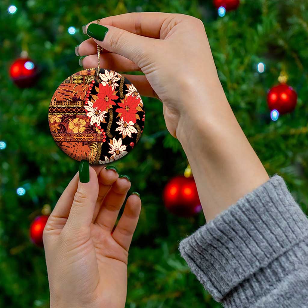 Hawaii Christmas Poinsettia Lei Ceramic Ornament Tapa Pattern - Polynesian Pride