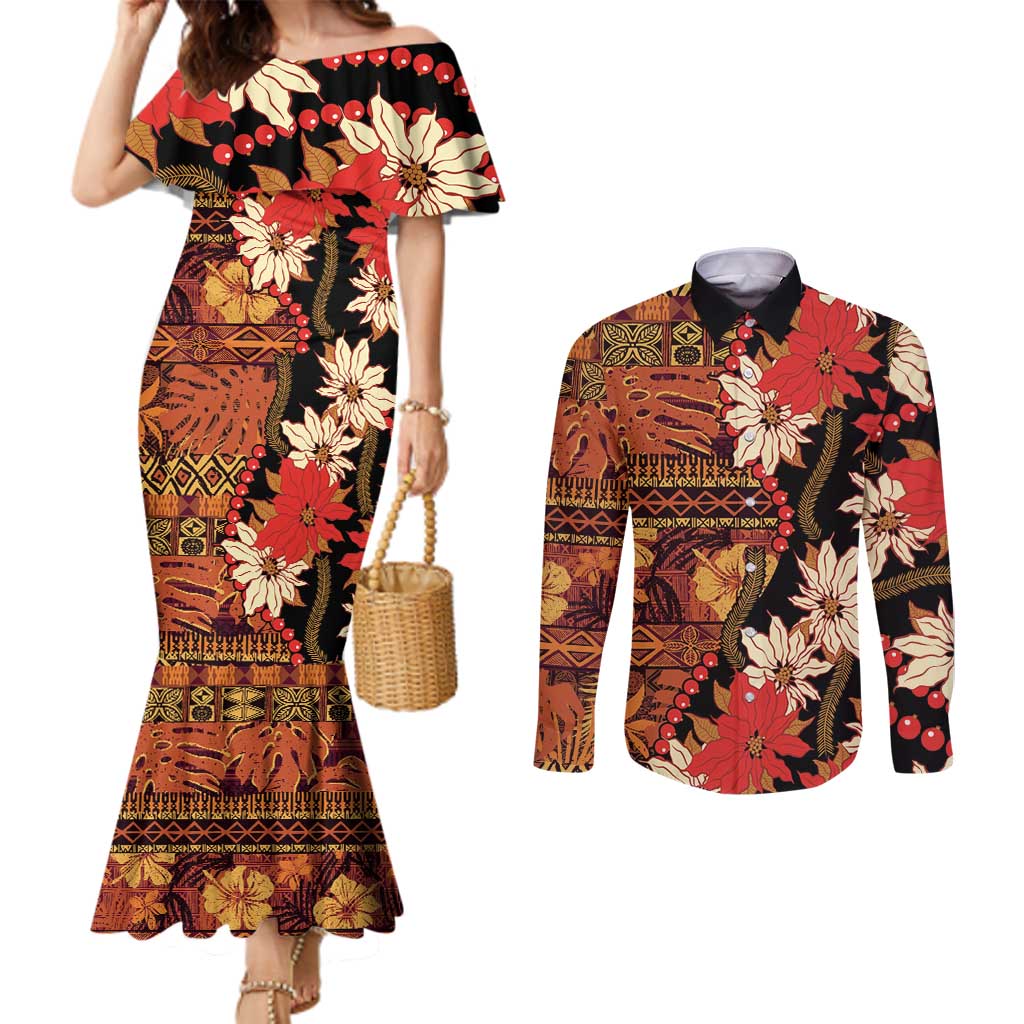 Hawaii Christmas Poinsettia Lei Couples Matching Mermaid Dress and Long Sleeve Button Shirt Tapa Pattern LT01 Brown - Polynesian Pride