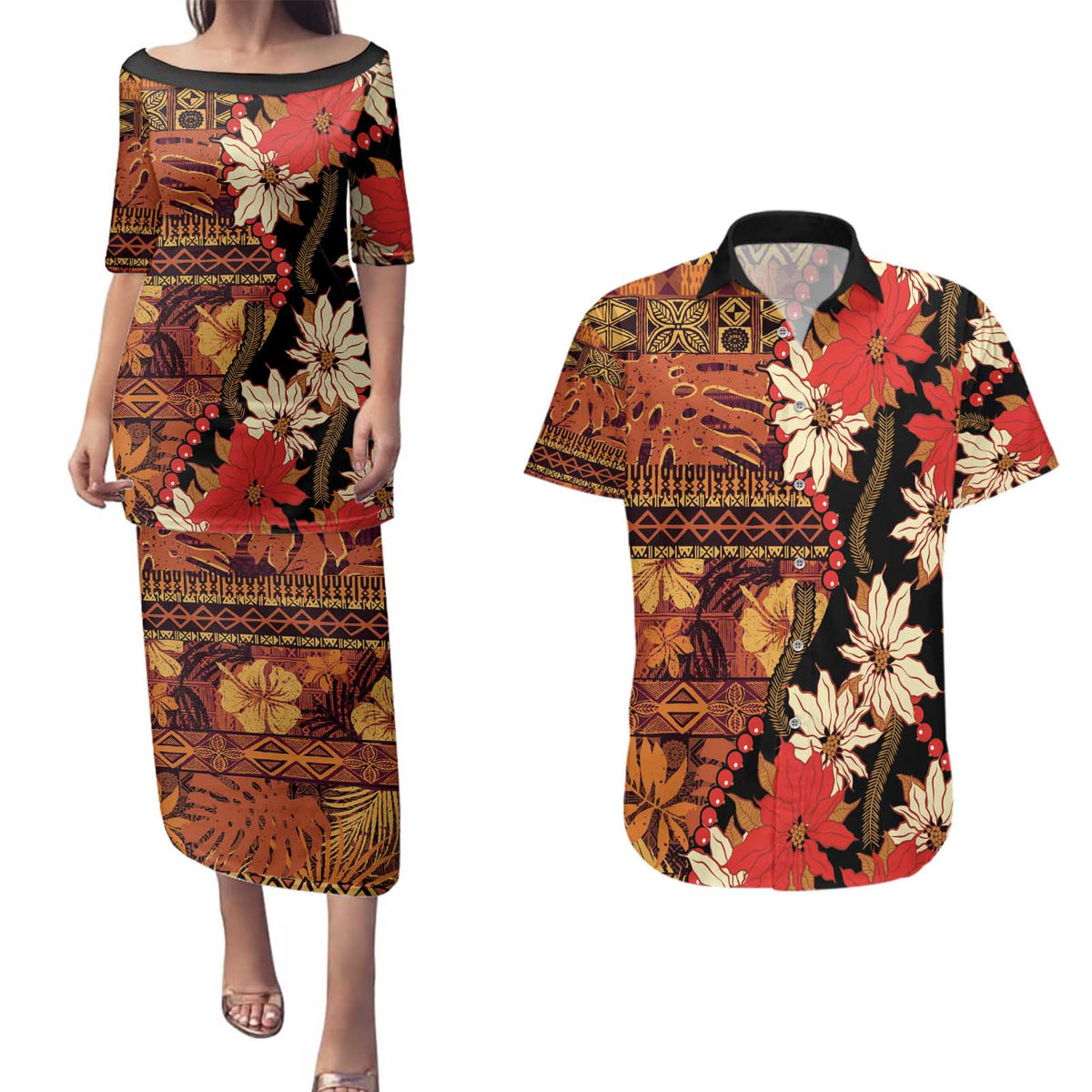 Hawaii Christmas Poinsettia Lei Couples Matching Puletasi and Hawaiian Shirt Tapa Pattern - Polynesian Pride