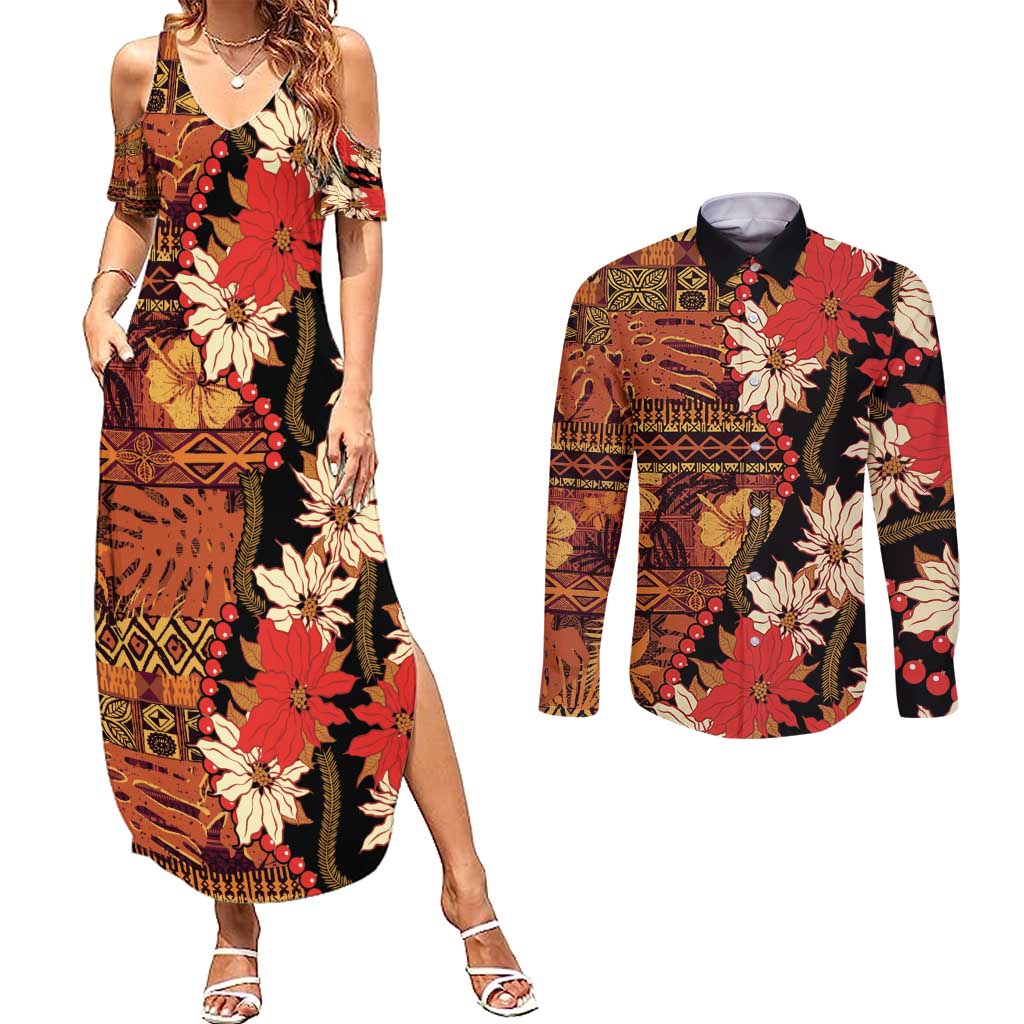 Hawaii Christmas Poinsettia Lei Couples Matching Summer Maxi Dress and Long Sleeve Button Shirt Tapa Pattern LT01 Brown - Polynesian Pride