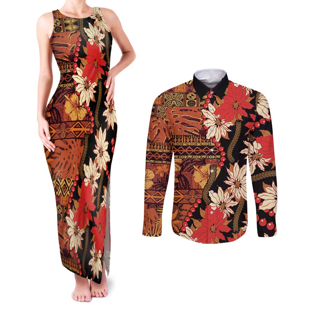 Hawaii Christmas Poinsettia Lei Couples Matching Tank Maxi Dress and Long Sleeve Button Shirt Tapa Pattern - Polynesian Pride