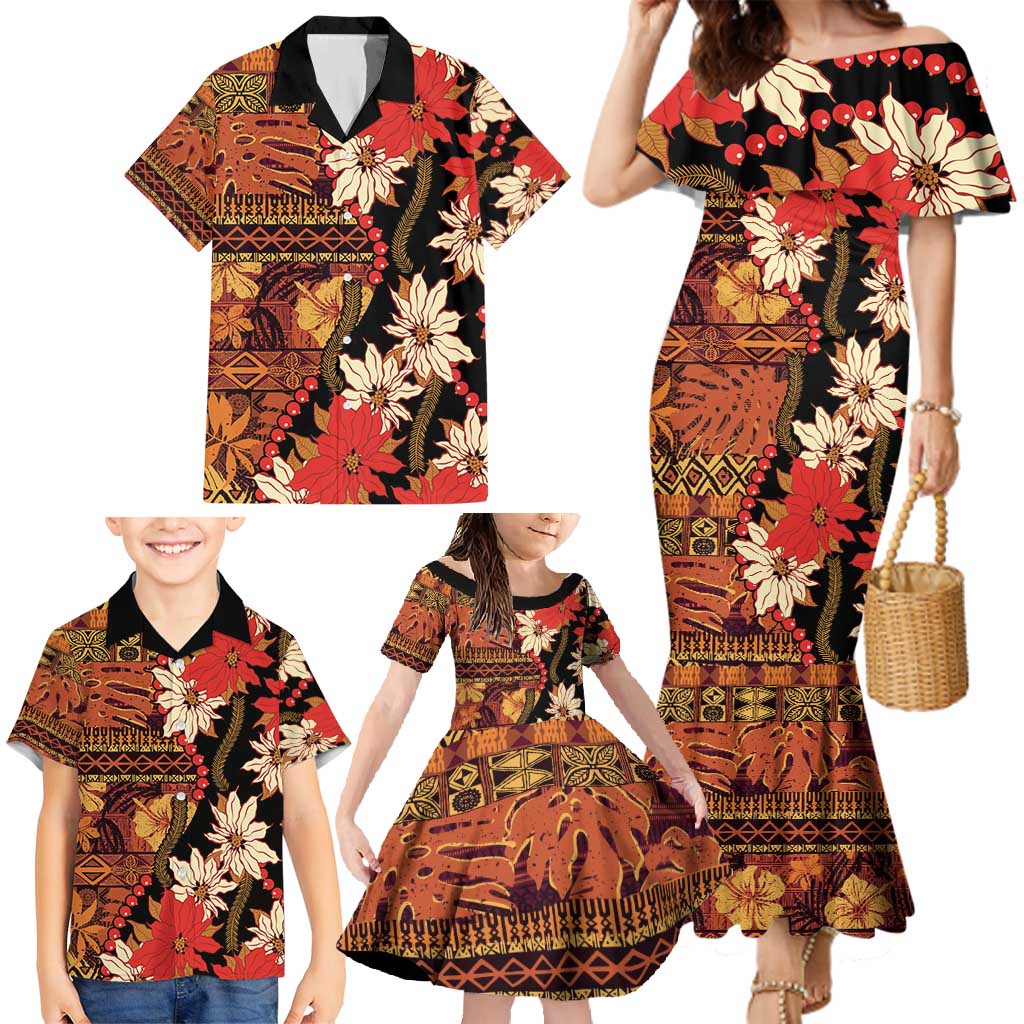 Hawaii Christmas Poinsettia Lei Family Matching Mermaid Dress and Hawaiian Shirt Tapa Pattern LT01 - Polynesian Pride